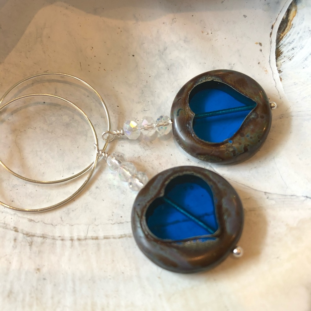 Blue Round Austrian Crystal Heart Earrings on 925 Round Earwires